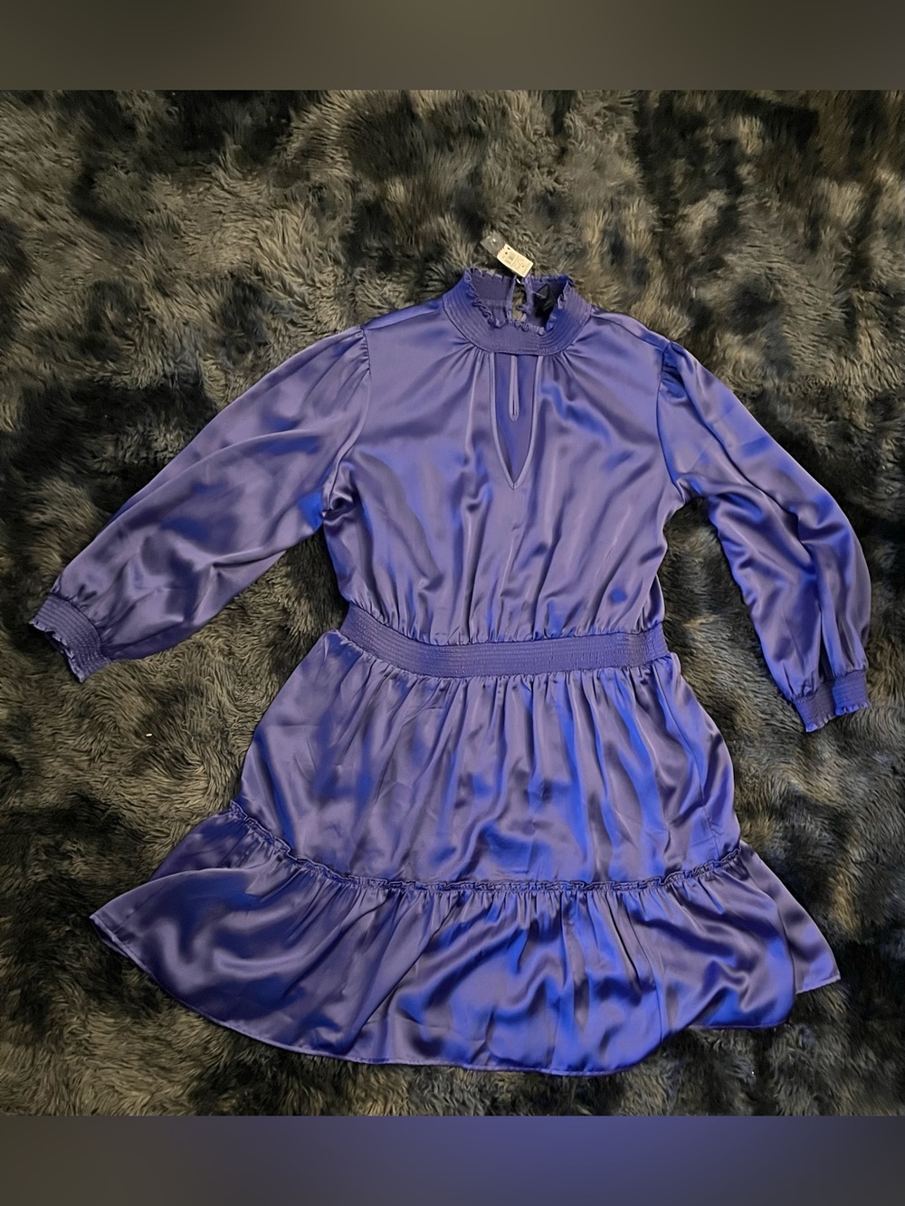 Ashley Stewart Satin Long-Sleeve Ruffle Waist Dress in Purple